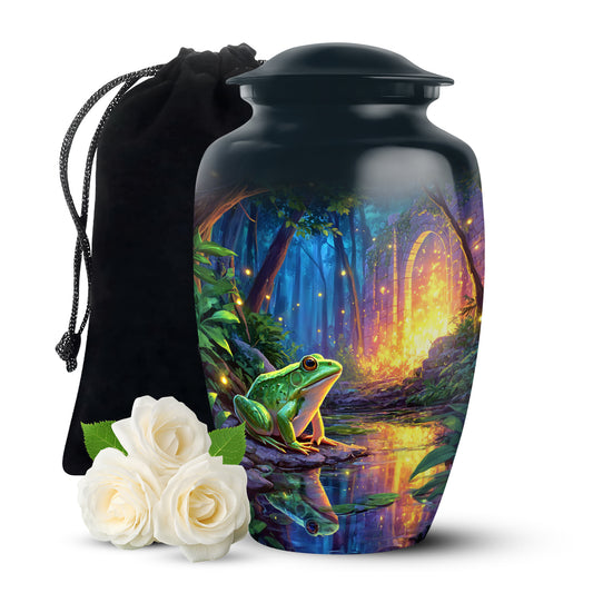 Calming Blue Frog Cremation Urn angled view of lid and engraved motif - elegant classic frog relief with fine detailing - full-size 10 inch 200 cubic inch adult cremation urn