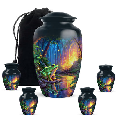 Dusty Blue Frog Cremation Urn top-down view of secure threaded lid - timeless frog motif etched into premium metal - memorial set with one large and four small urns