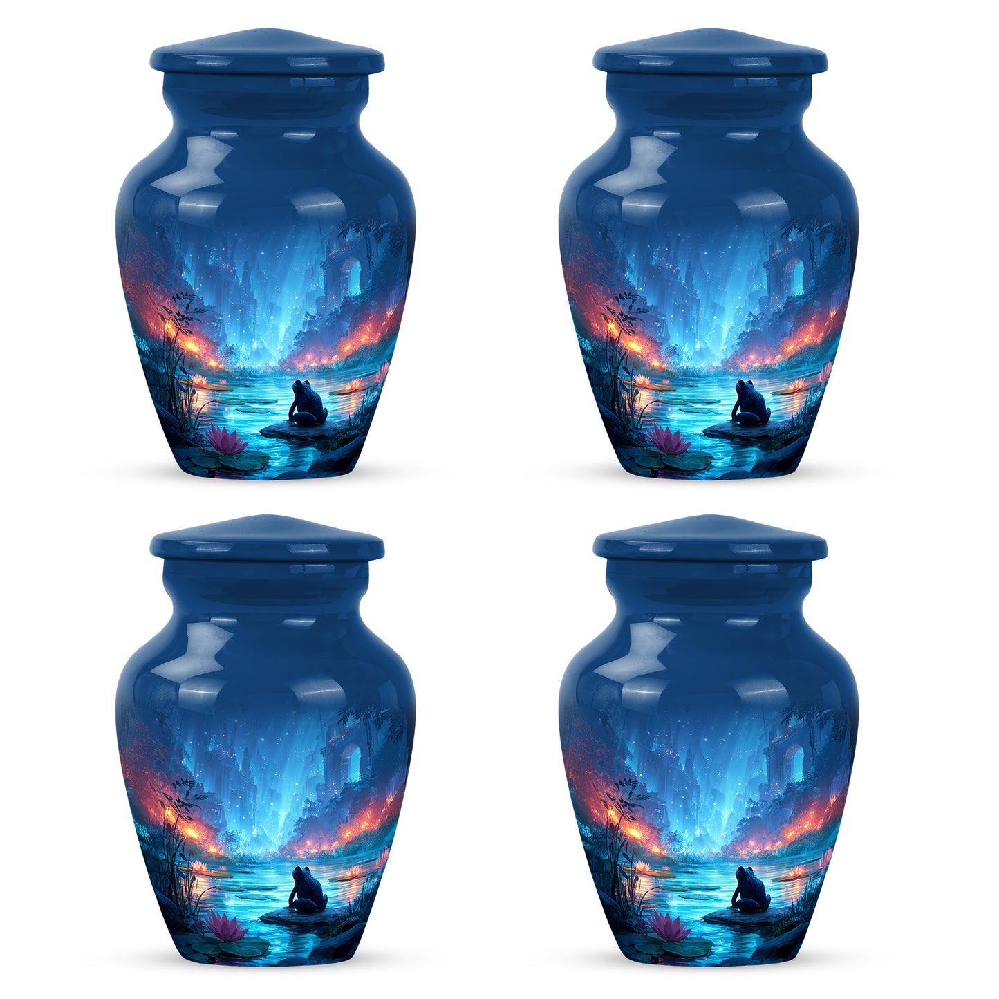 Cornflower Blue Frog Cremation Urn side profile showing urn shape - elegant classic frog relief with fine detailing - 10 inch aluminum urn for cremated remains