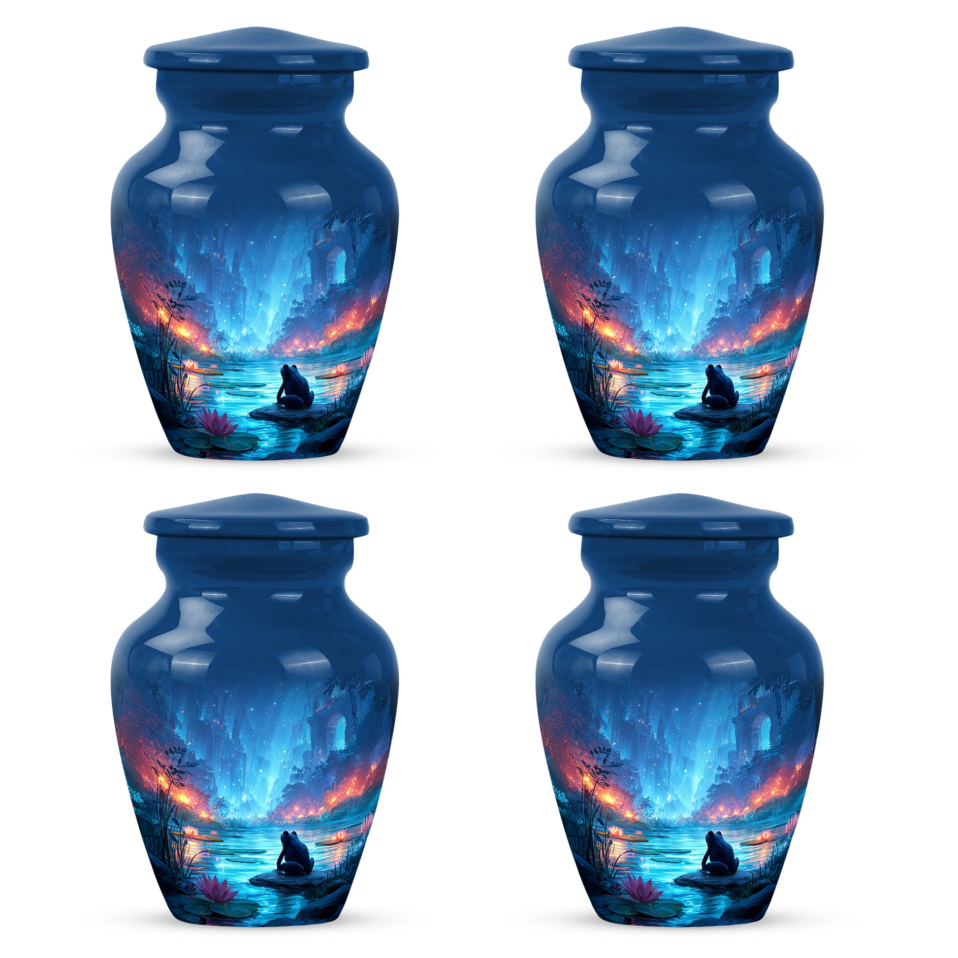 Cornflower Blue Frog Cremation Urn side profile showing urn shape - elegant classic frog relief with fine detailing - 10 inch aluminum urn for cremated remains