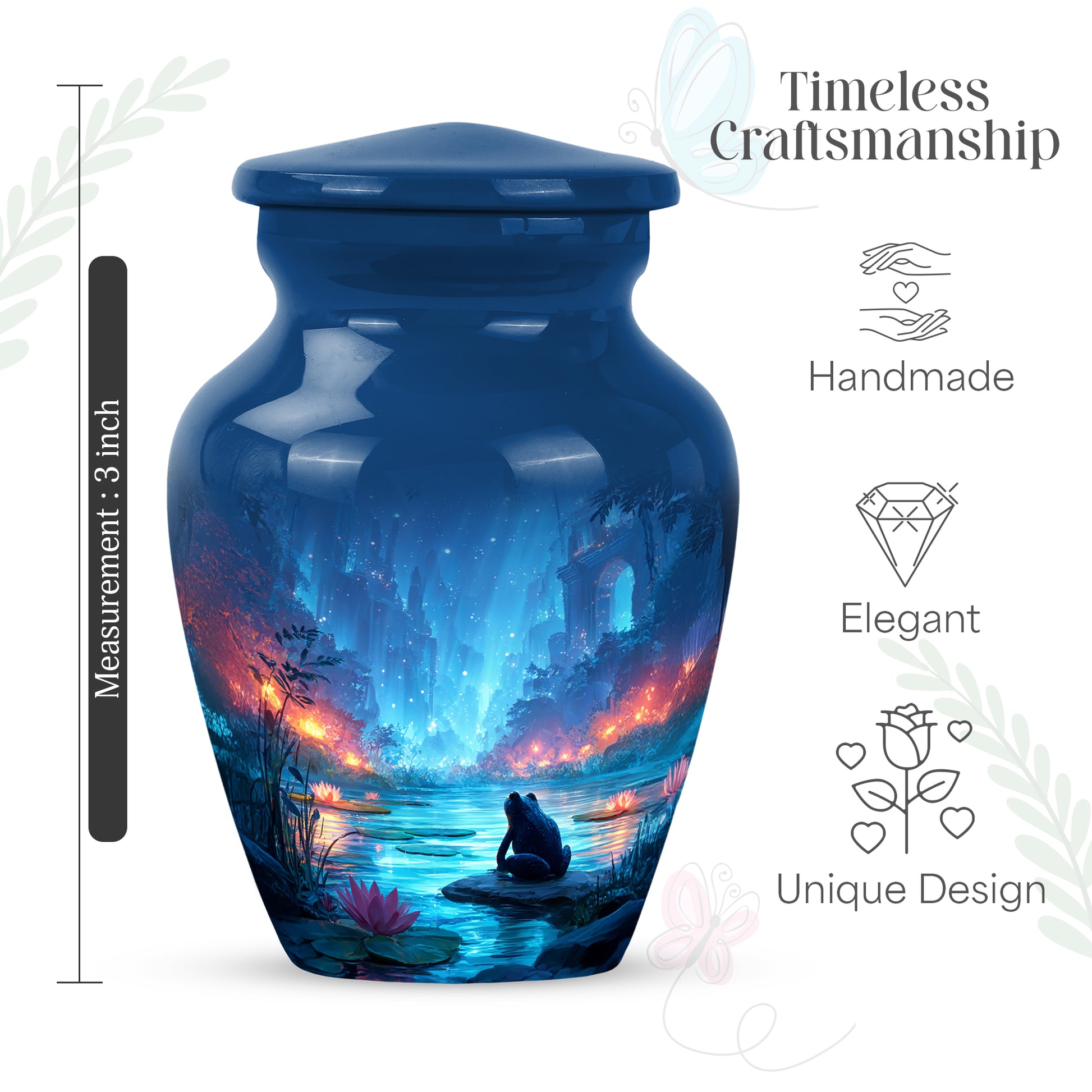 Sky Blue Frog Cremation Urn close-up of engraving and surface detail - timeless frog motif etched into premium metal - mini keepsake memorial for portion of cremation ashes