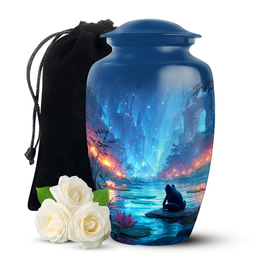 Indigo Frog Cremation Urn angled view of lid and engraved motif - classic sculpted frog pattern on smooth aluminum - full-size 10 inch 200 cubic inch adult cremation urn