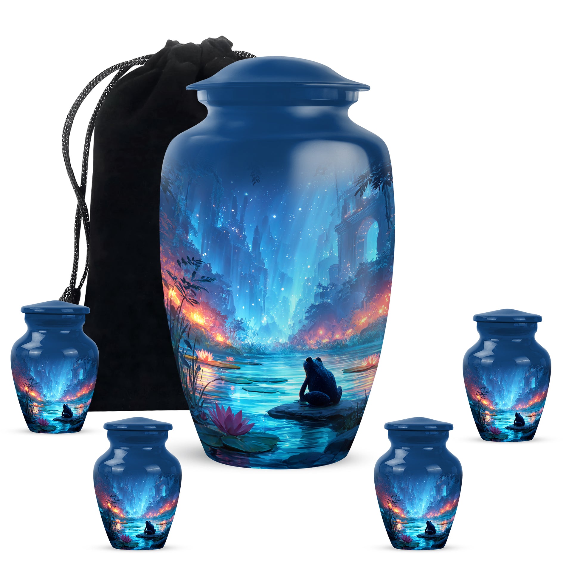 Cornflower Blue Frog Cremation Urn top-down view of secure threaded lid - traditional frog engraving with hand-polished finish - memorial set with one large and four small urns