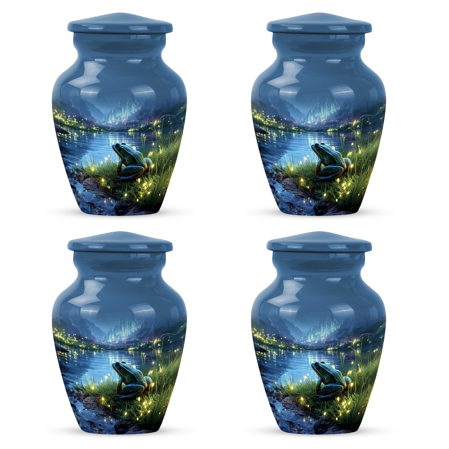 Cornflower Blue Frog Cremation Urn side profile showing urn shape - elegant classic frog relief with fine detailing - 10 inch aluminum urn for cremated remains