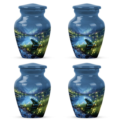 Cornflower Blue Frog Cremation Urn side profile showing urn shape - elegant classic frog relief with fine detailing - 10 inch aluminum urn for cremated remains
