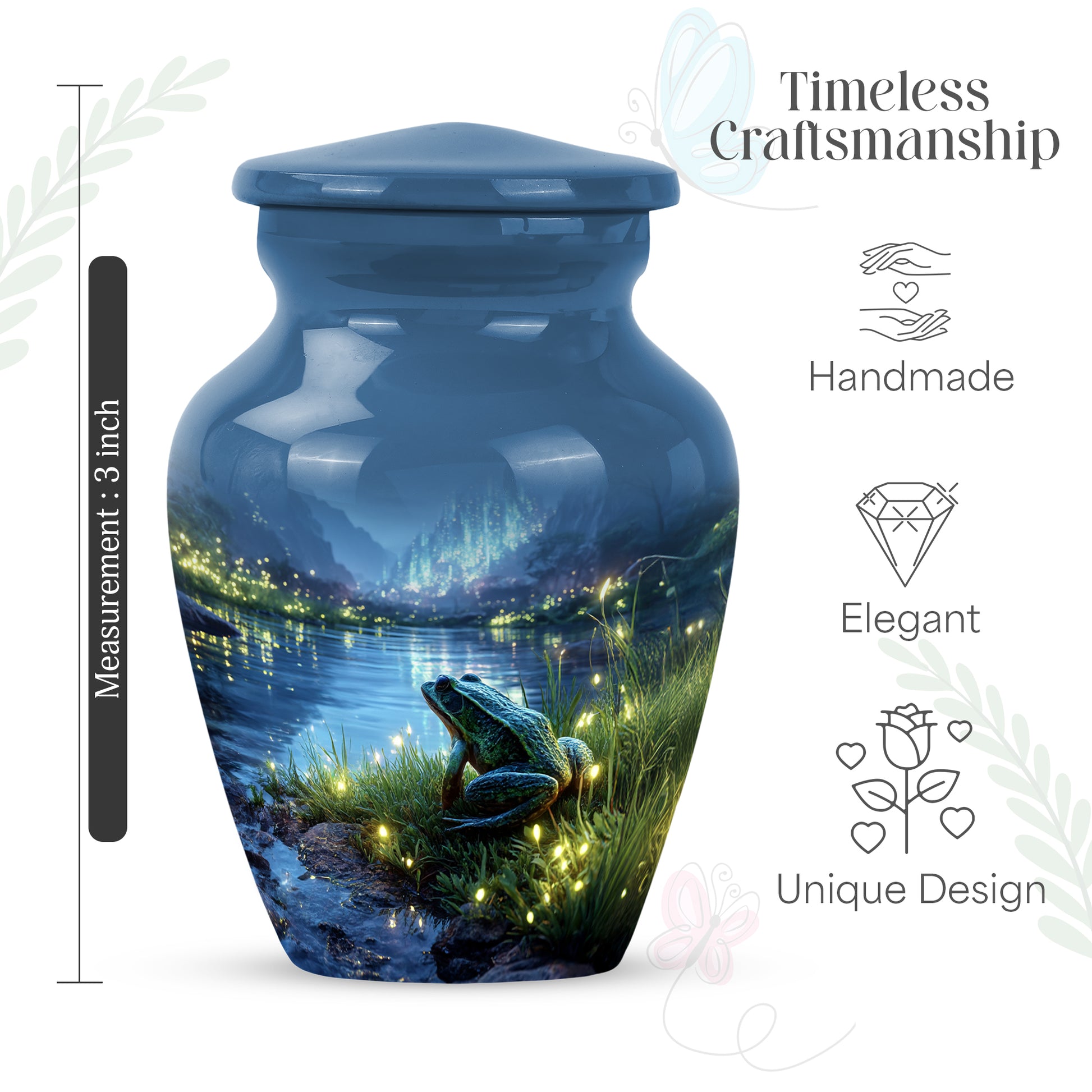 Sapphire Blue Frog Cremation Urn close-up of engraving and surface detail - elegant classic frog relief with fine detailing - mini keepsake memorial for portion of cremation ashes