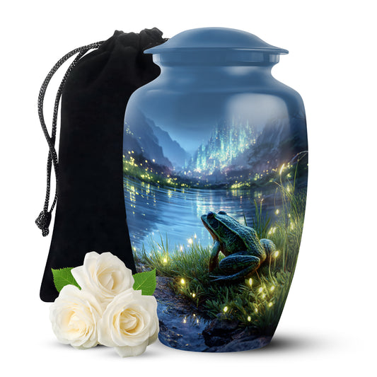 Pastel Blue Frog Cremation Urn angled view of lid and engraved motif - classic sculpted frog pattern on smooth aluminum - full-size 10 inch 200 cubic inch adult cremation urn