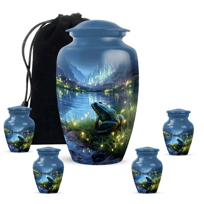 Cornflower Blue Frog Cremation Urn top-down view of secure threaded lid - traditional frog engraving with hand-polished finish - memorial set with one large and four small urns