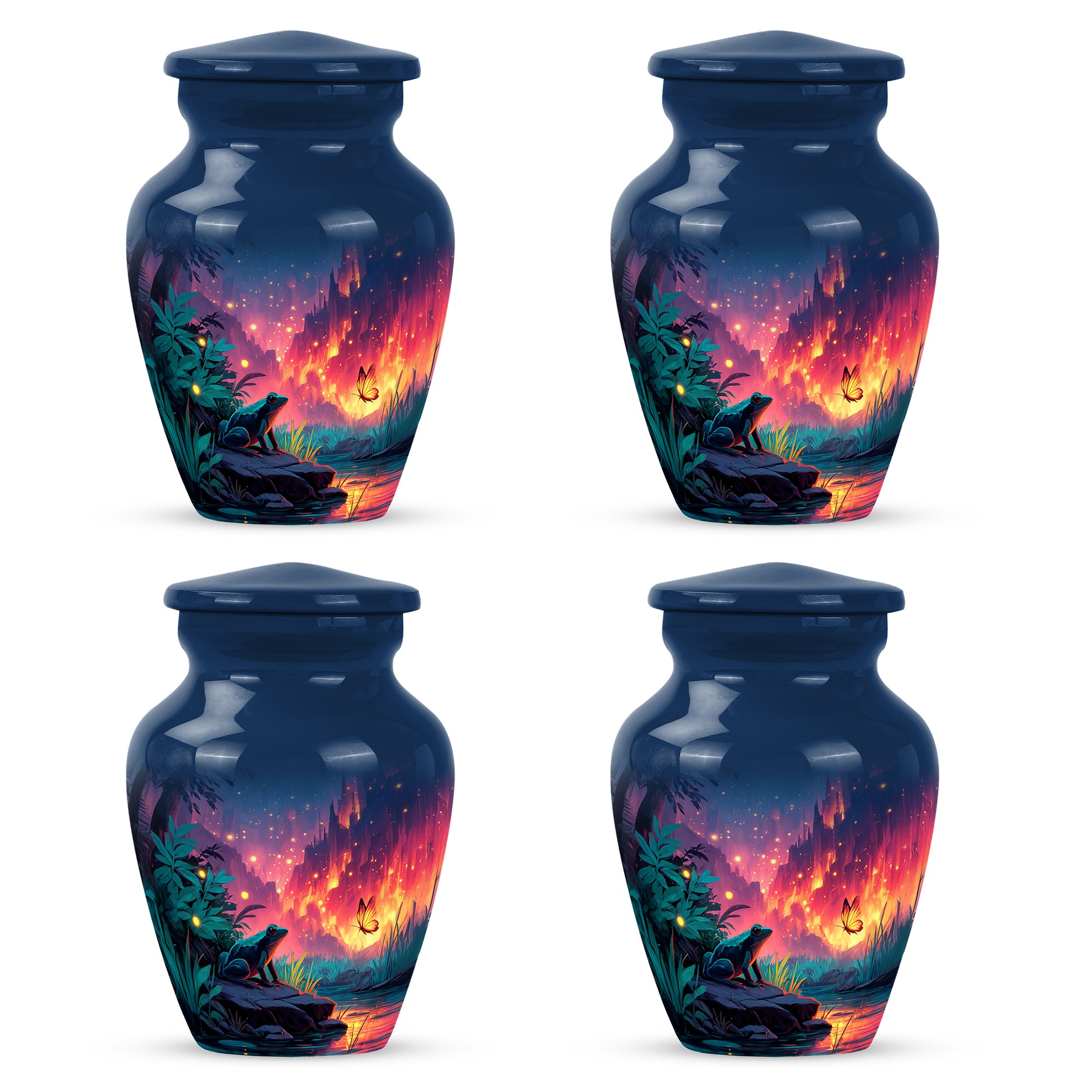Steel Blue Frog Cremation Urn side profile showing urn shape - traditional frog engraving with hand-polished finish - 10 inch aluminum urn for cremated remains