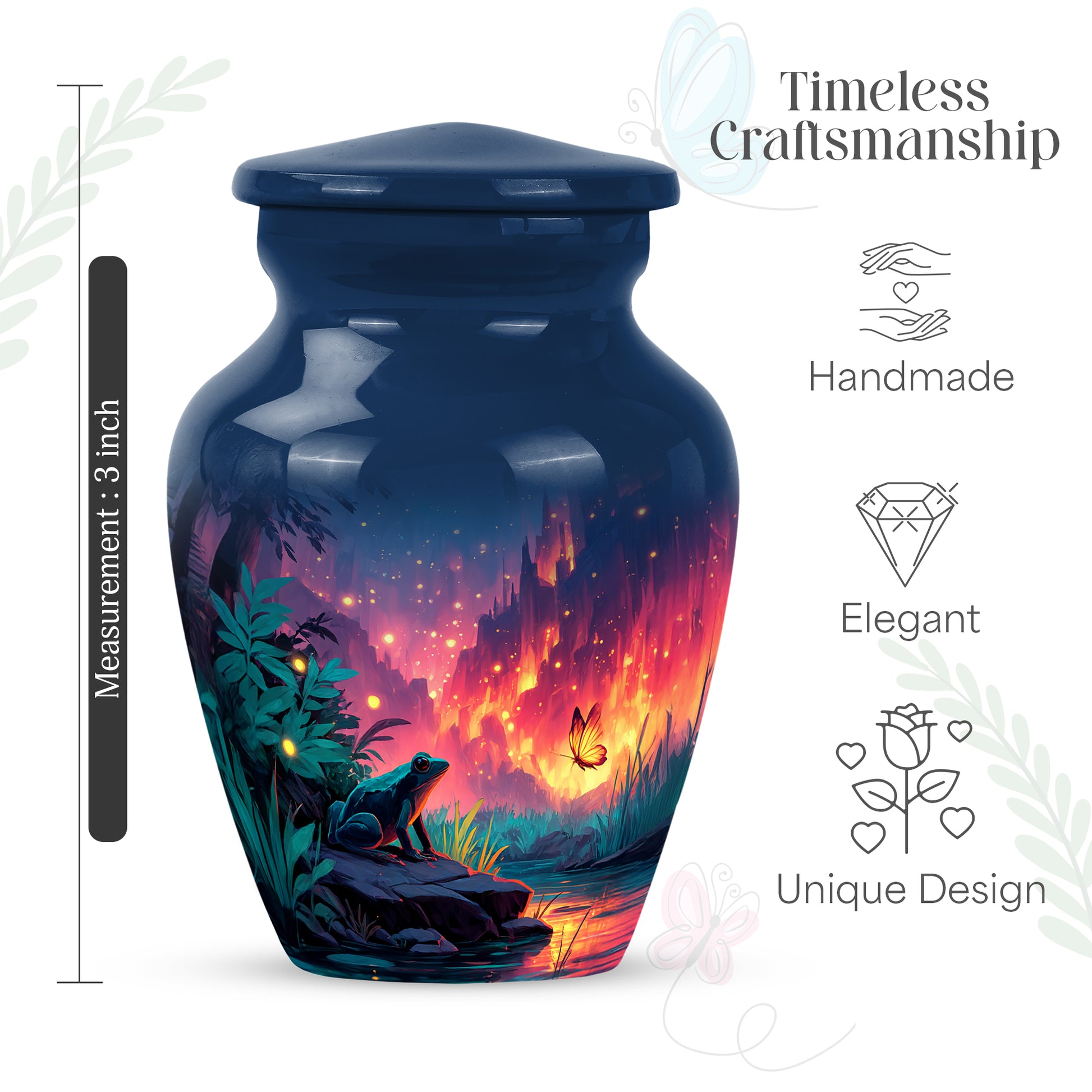 Icy Blue Frog Cremation Urn close-up of engraving and surface detail - timeless frog motif etched into premium metal - mini keepsake memorial for portion of cremation ashes