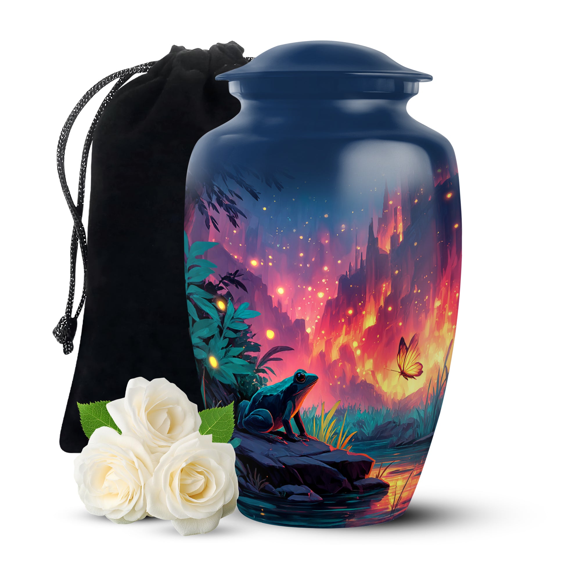 Dusty Blue Frog Cremation Urn angled view of lid and engraved motif - classic sculpted frog pattern on smooth aluminum - full-size 10 inch 200 cubic inch adult cremation urn