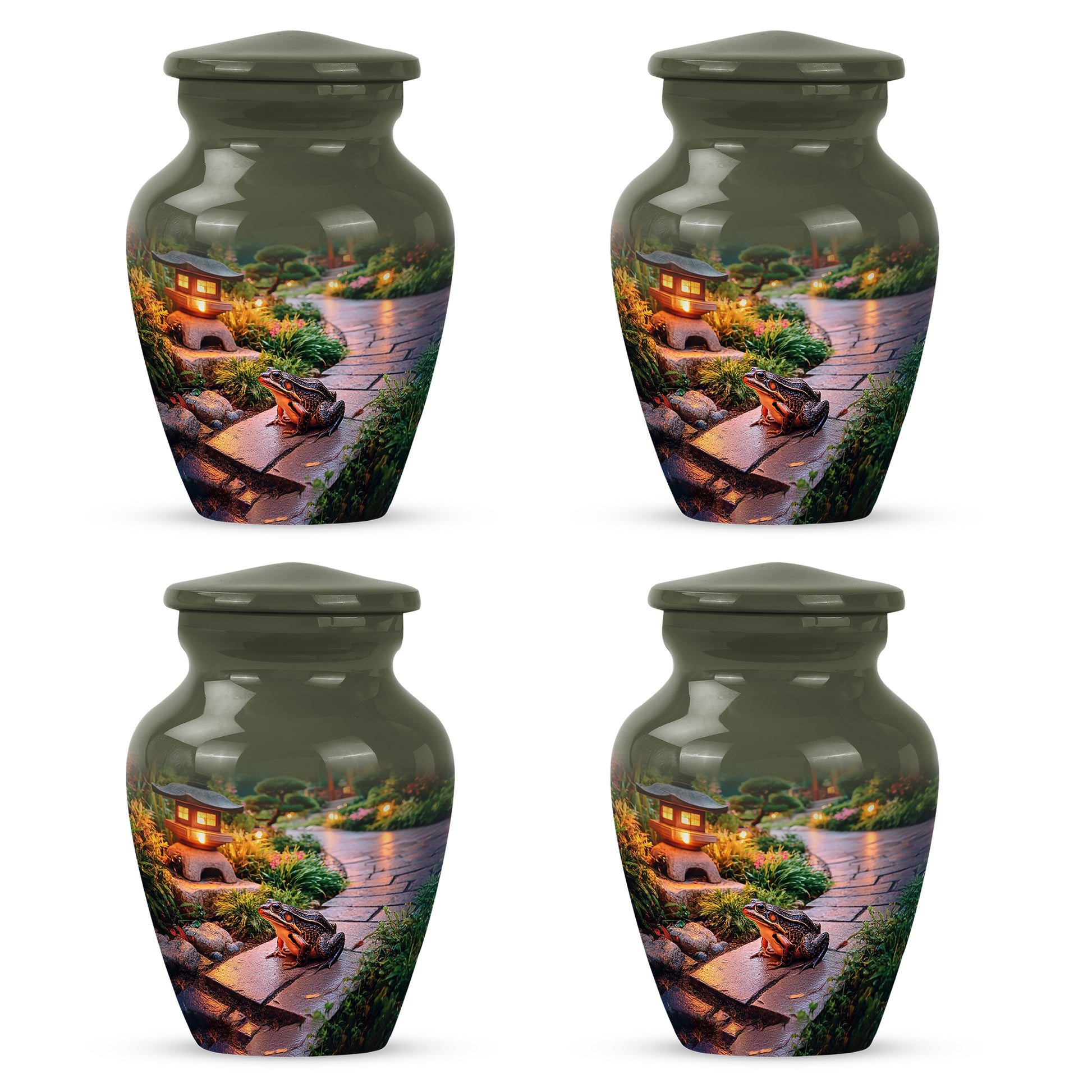 Marigold Yellow Frog Cremation Urn side profile showing urn shape - traditional frog engraving with hand-polished finish - 10 inch aluminum urn for cremated remains