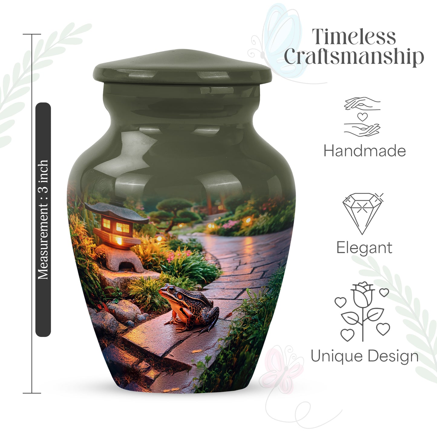 Buttercup Yellow Frog Cremation Urn close-up of engraving and surface detail - classic sculpted frog pattern on smooth aluminum - mini keepsake memorial for portion of cremation ashes