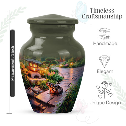 Buttercup Yellow Frog Cremation Urn close-up of engraving and surface detail - classic sculpted frog pattern on smooth aluminum - mini keepsake memorial for portion of cremation ashes