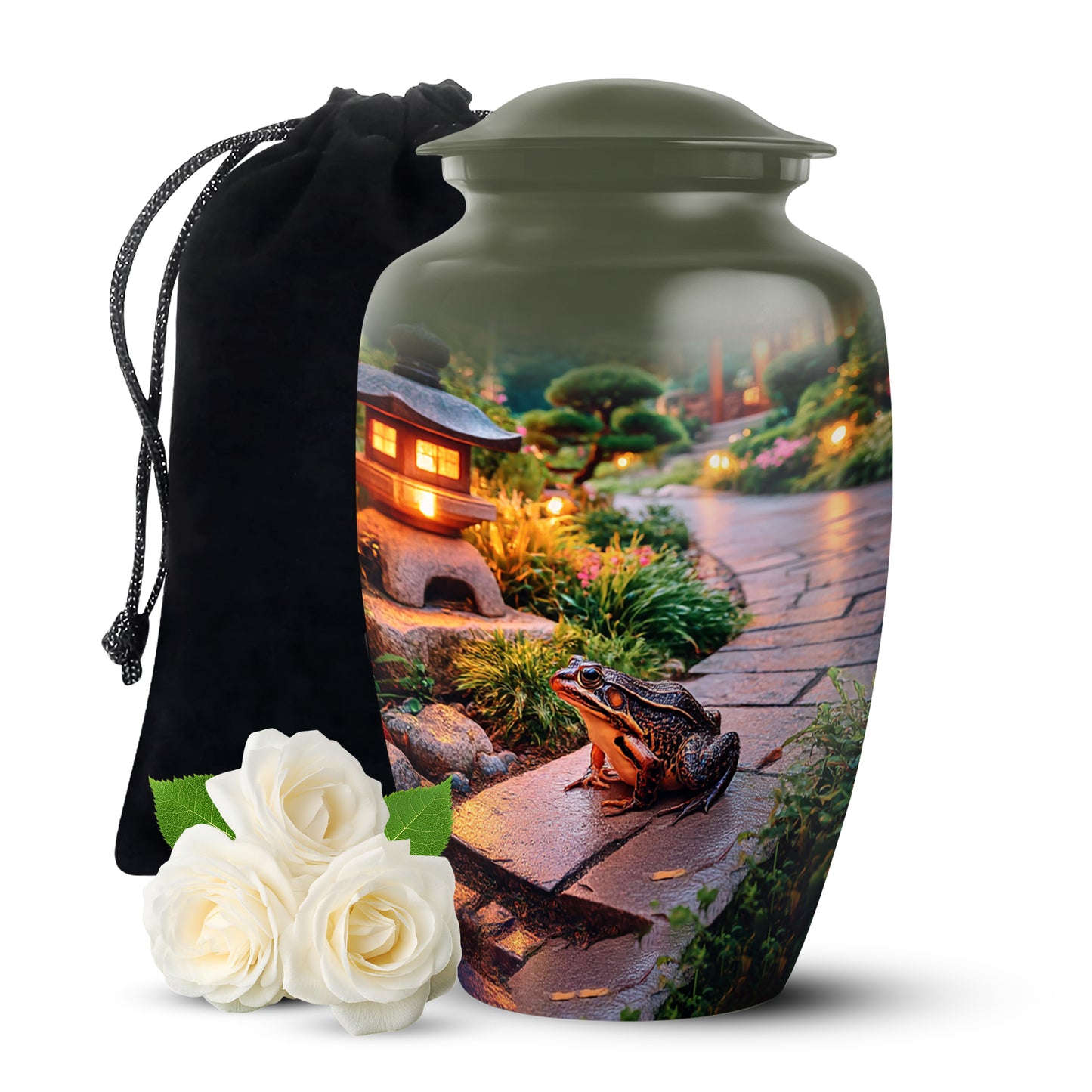 Sunshine Yellow Frog Cremation Urn angled view of lid and engraved motif - traditional frog engraving with hand-polished finish - full-size 10 inch 200 cubic inch adult cremation urn