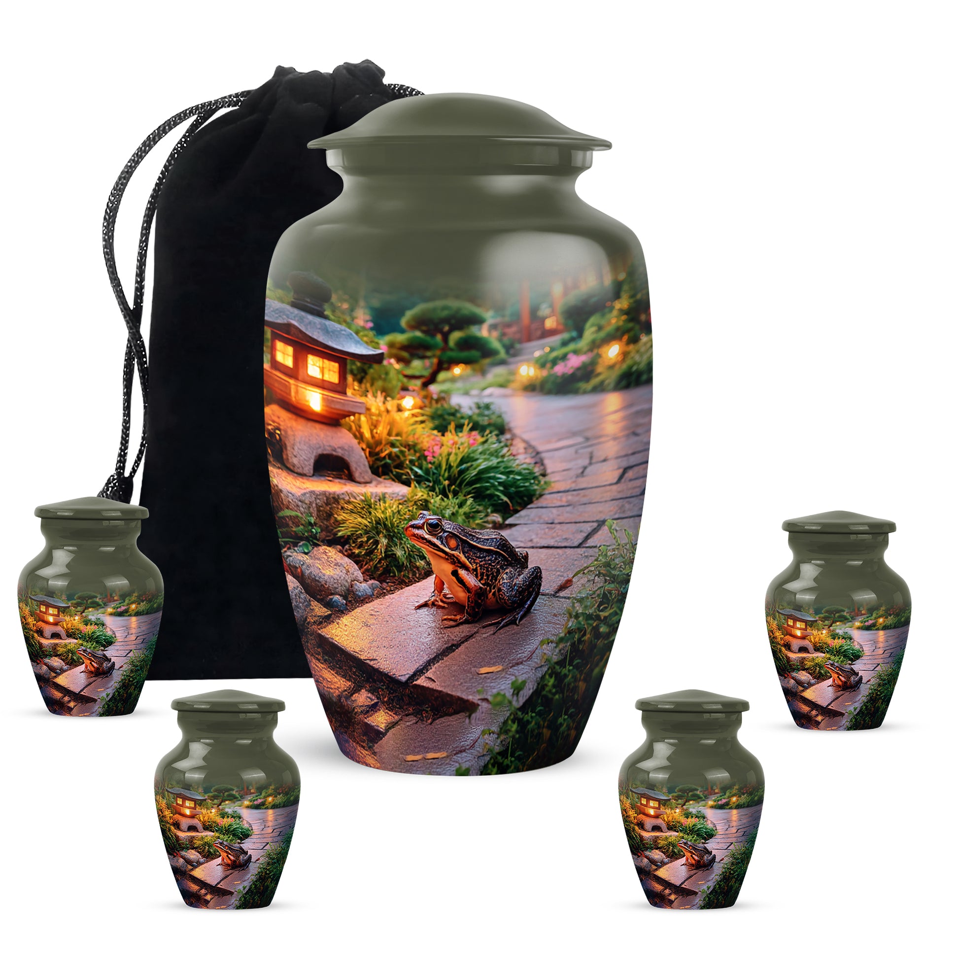Sunshine Yellow Frog Cremation Urn top-down view of secure threaded lid - traditional frog engraving with hand-polished finish - memorial set with one large and four small urns