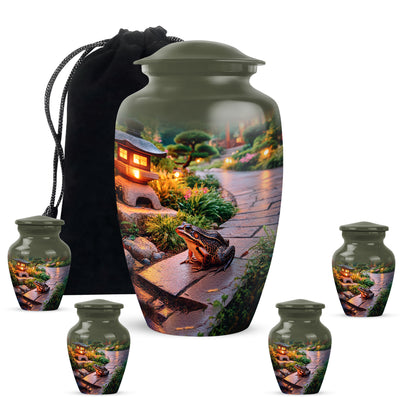 Sunshine Yellow Frog Cremation Urn top-down view of secure threaded lid - traditional frog engraving with hand-polished finish - memorial set with one large and four small urns