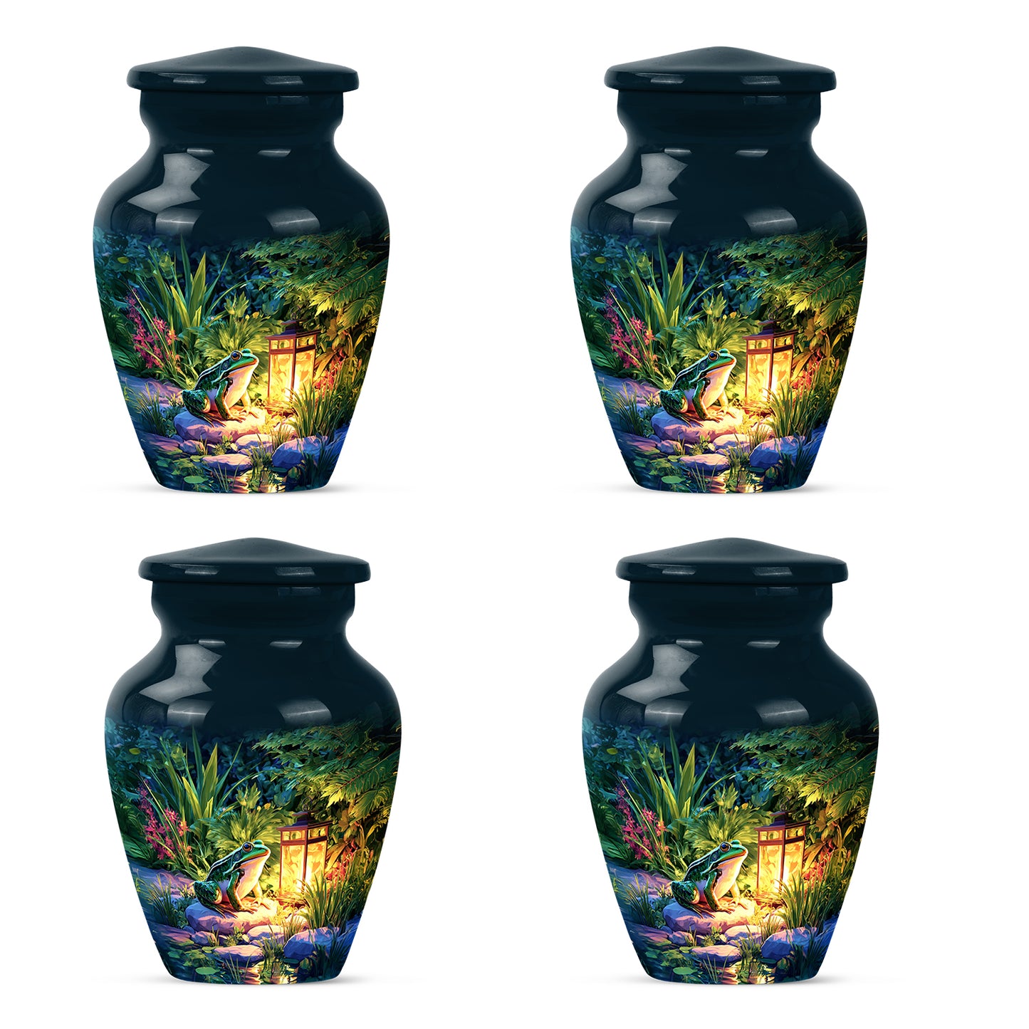 Celestial Blue Frog Cremation Urn side profile showing urn shape - classic sculpted frog pattern on smooth aluminum - 10 inch aluminum urn for cremated remains