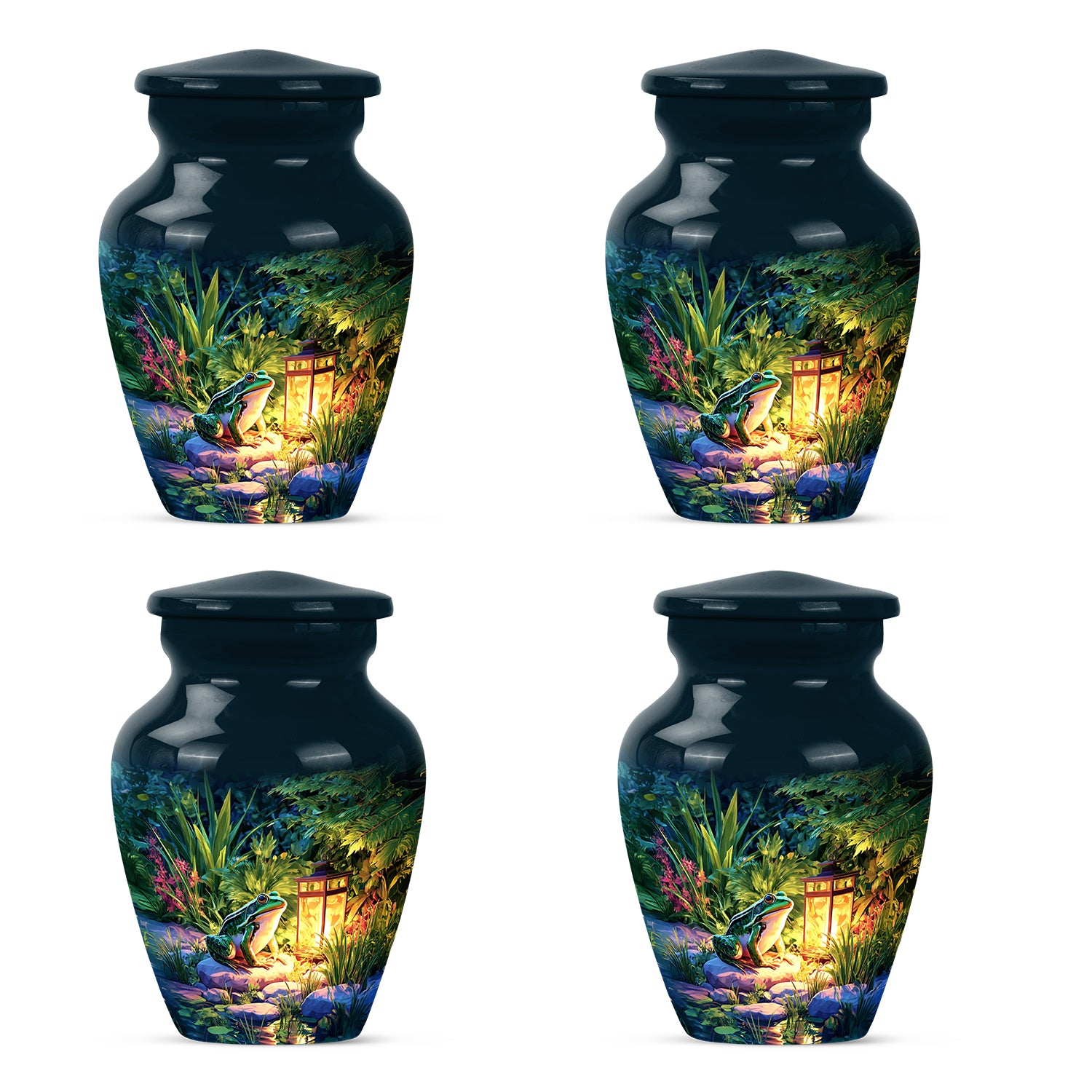 Celestial Blue Frog Cremation Urn side profile showing urn shape - classic sculpted frog pattern on smooth aluminum - 10 inch aluminum urn for cremated remains