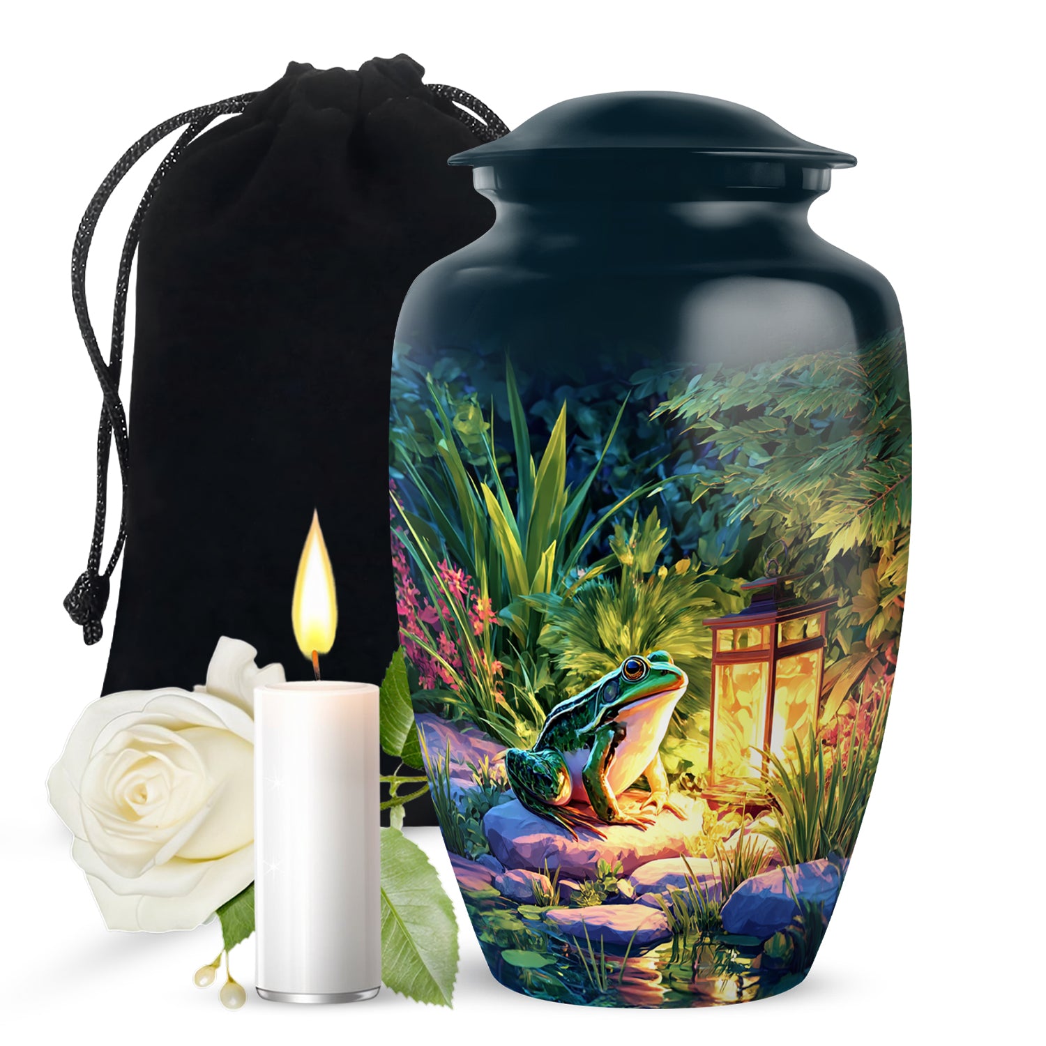 Navy Blue Frog Cremation Urn angled view of lid and engraved motif - timeless frog motif etched into premium metal - full-size 10 inch 200 cubic inch adult cremation urn