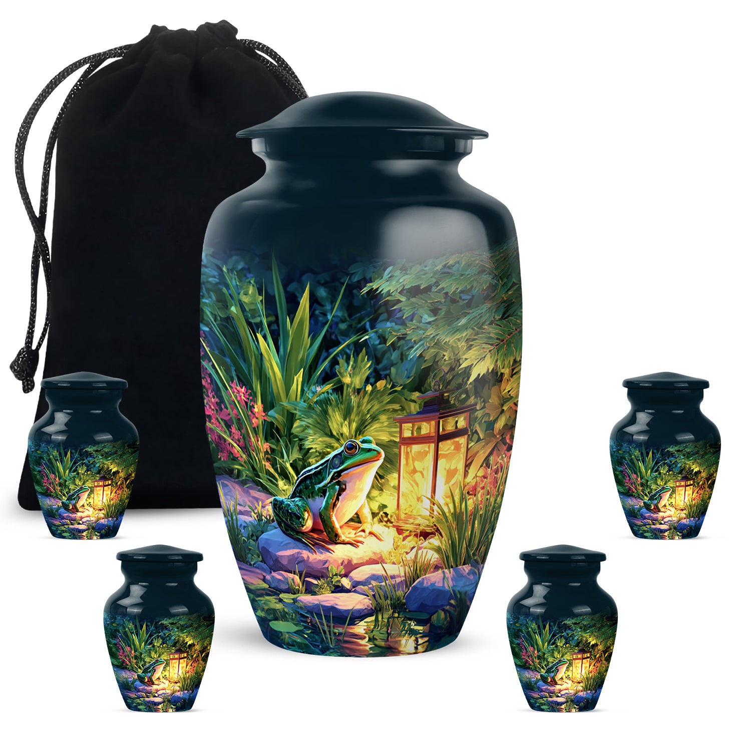 Vivid Blue Frog Cremation Urn top-down view of secure threaded lid - traditional frog engraving with hand-polished finish - memorial set with one large and four small urns