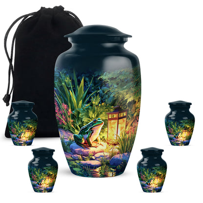 Vivid Blue Frog Cremation Urn top-down view of secure threaded lid - traditional frog engraving with hand-polished finish - memorial set with one large and four small urns