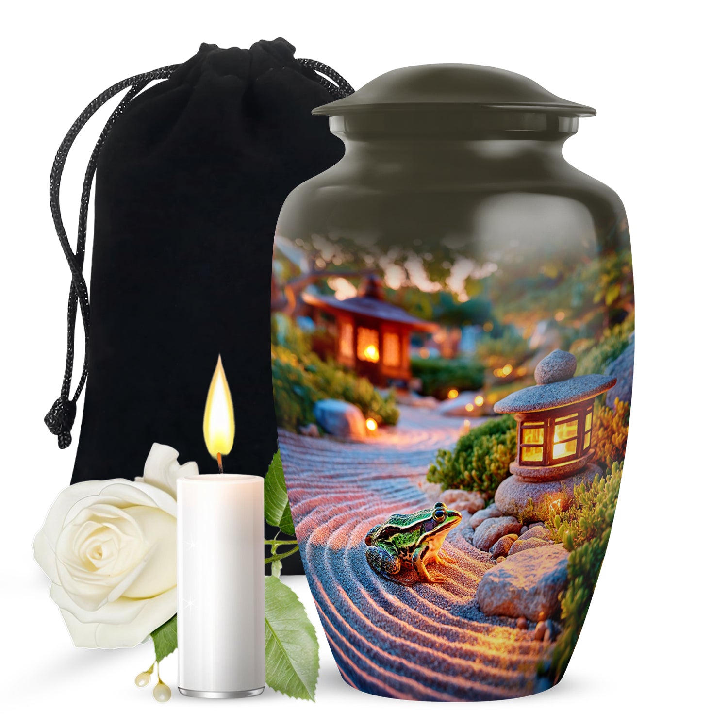 Matte Gold Frog Cremation Urn angled view of lid and engraved motif - traditional frog engraving with hand-polished finish - full-size 10 inch 200 cubic inch adult cremation urn