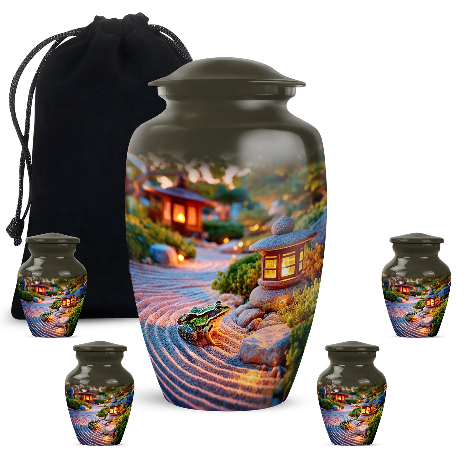 Royal Gold Frog Cremation Urn top-down view of secure threaded lid - elegant classic frog relief with fine detailing - memorial set with one large and four small urns