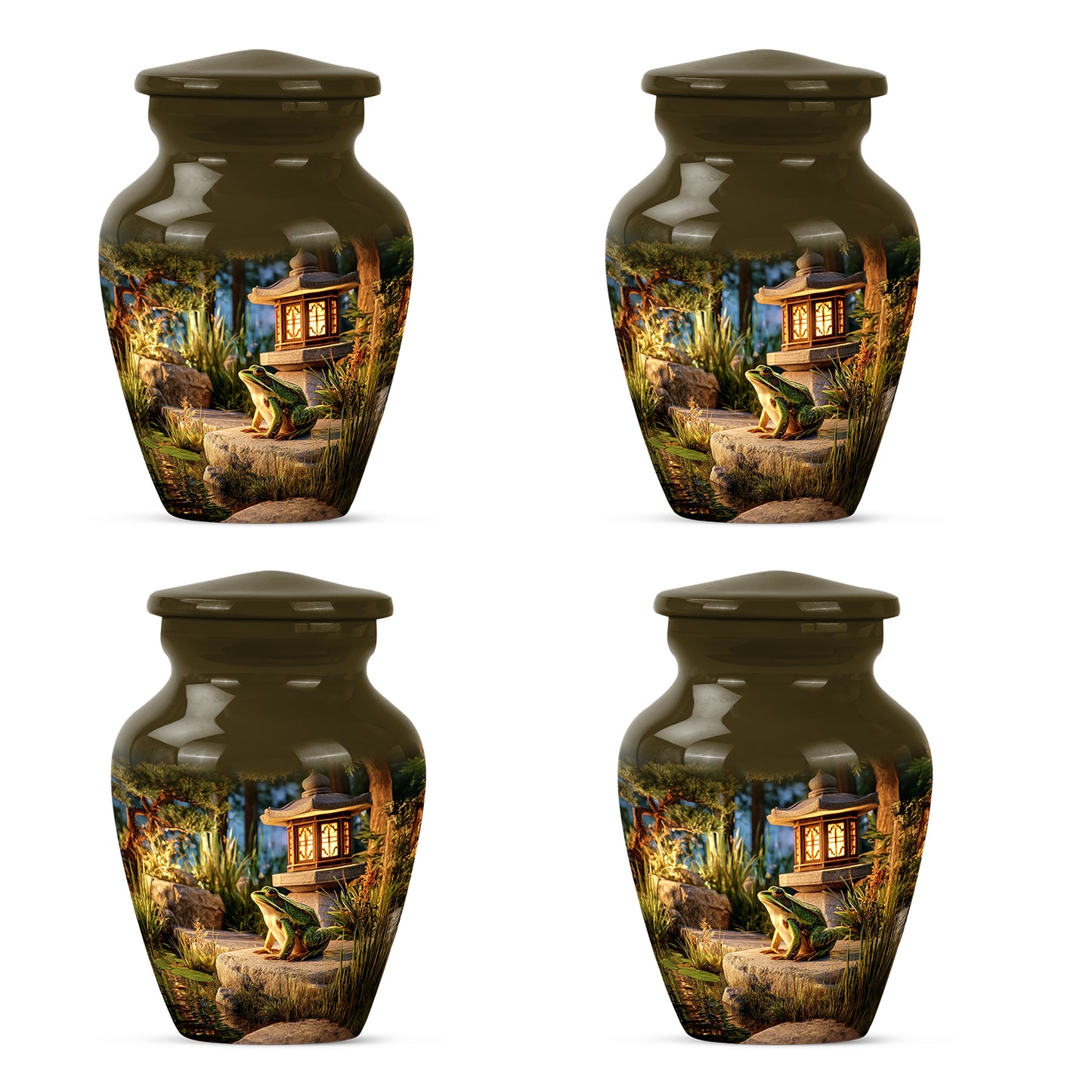 Harvest Gold Frog Cremation Urn side profile showing urn shape - traditional frog engraving with hand-polished finish - 10 inch aluminum urn for cremated remains
