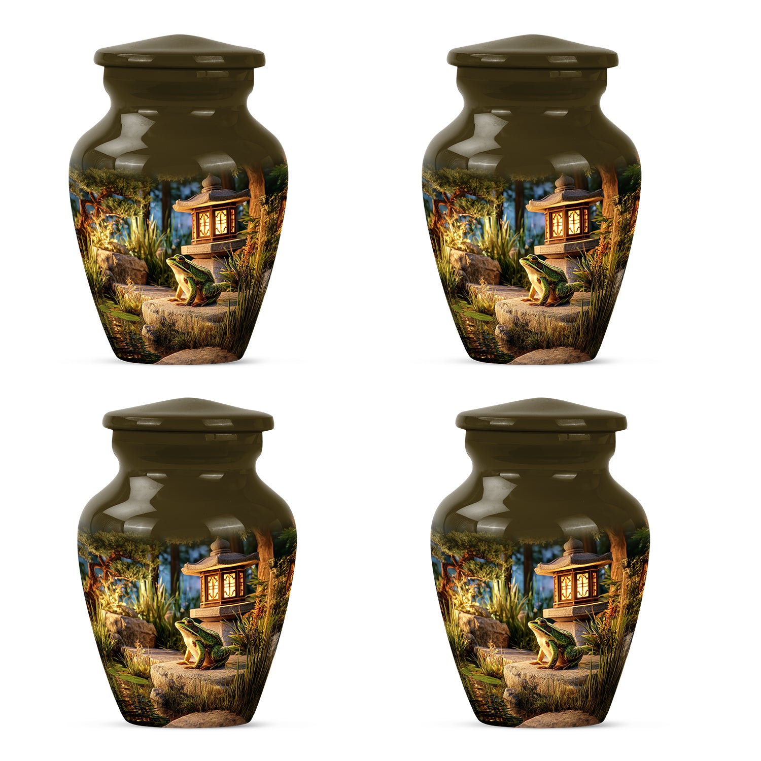 Harvest Gold Frog Cremation Urn side profile showing urn shape - traditional frog engraving with hand-polished finish - 10 inch aluminum urn for cremated remains