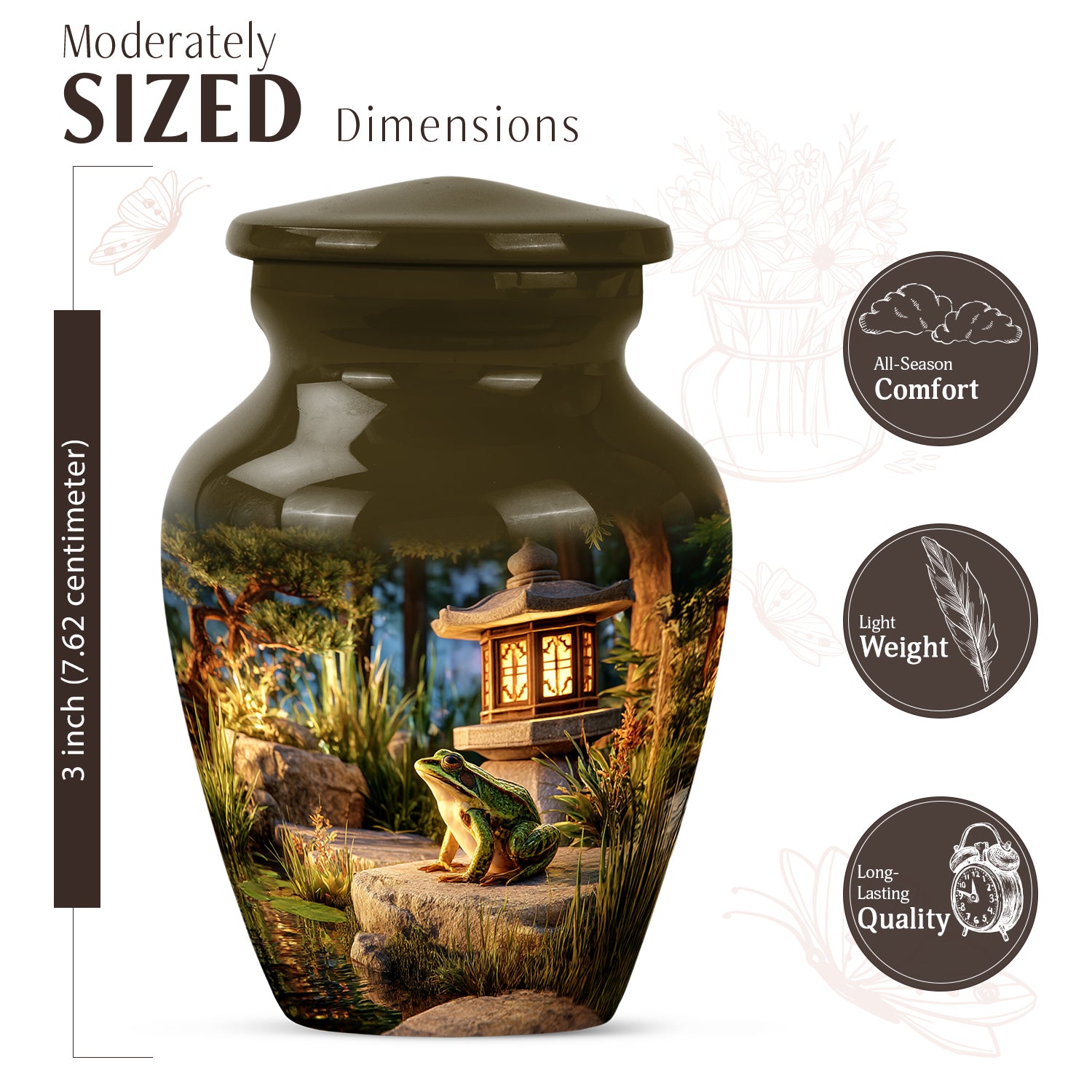 Antique Gold Frog Cremation Urn close-up of engraving and surface detail - classic sculpted frog pattern on smooth aluminum - mini keepsake memorial for portion of cremation ashes