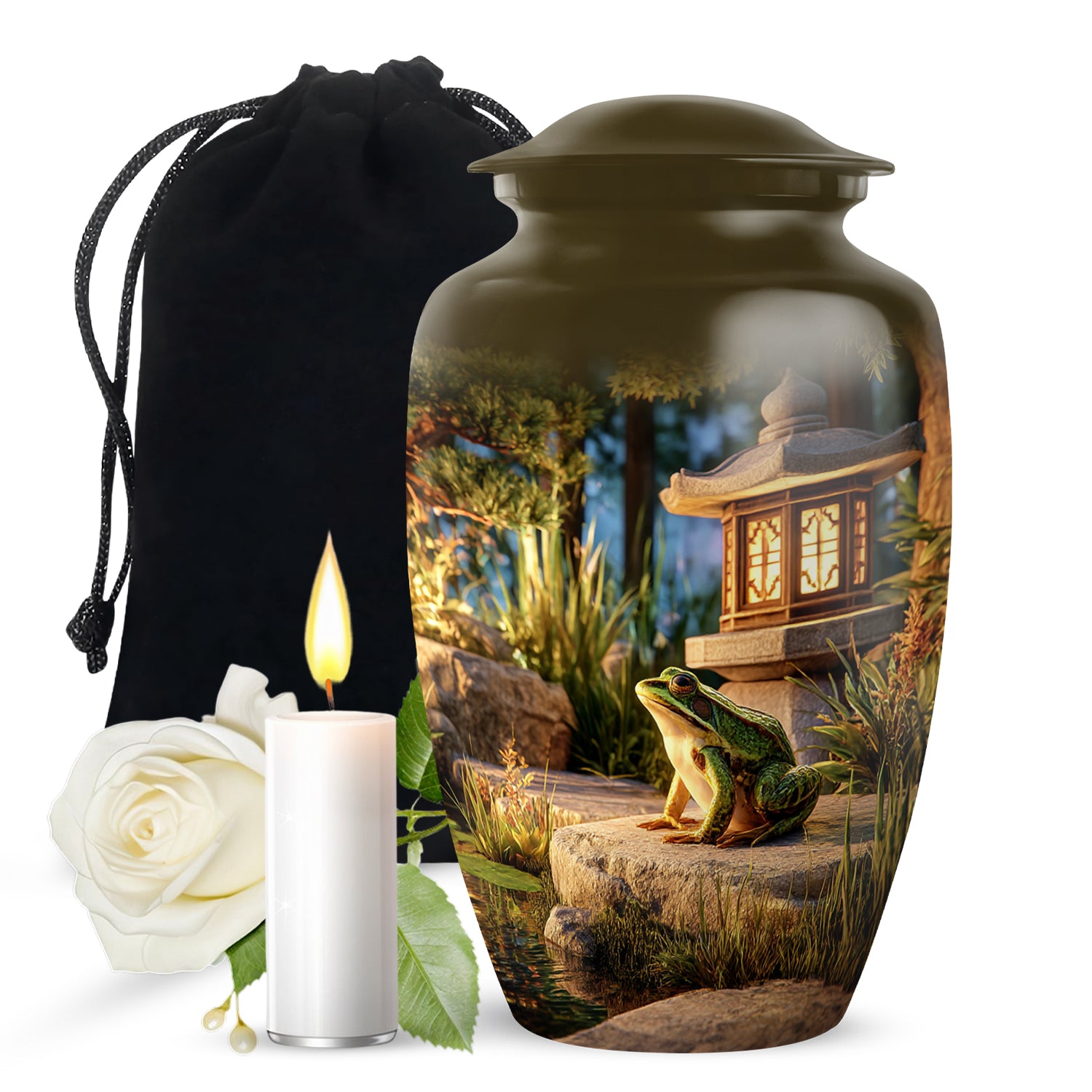 Gilded Gold Frog Cremation Urn angled view of lid and engraved motif - classic sculpted frog pattern on smooth aluminum - full-size 10 inch 200 cubic inch adult cremation urn