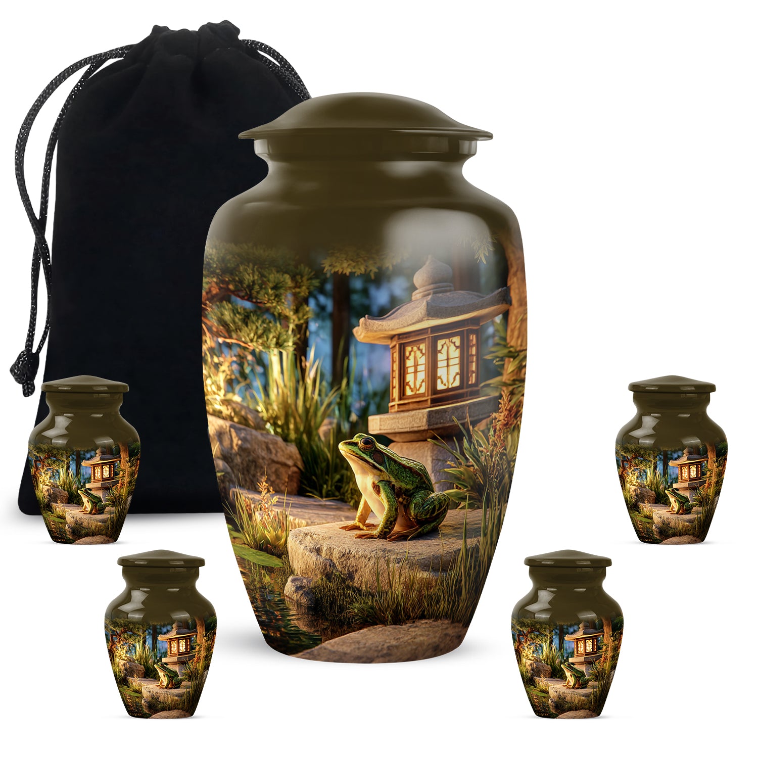 Amber Gold Frog Cremation Urn top-down view of secure threaded lid - timeless frog motif etched into premium metal - memorial set with one large and four small urns