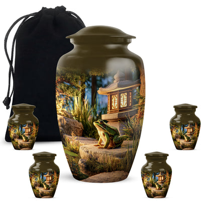 Amber Gold Frog Cremation Urn top-down view of secure threaded lid - timeless frog motif etched into premium metal - memorial set with one large and four small urns