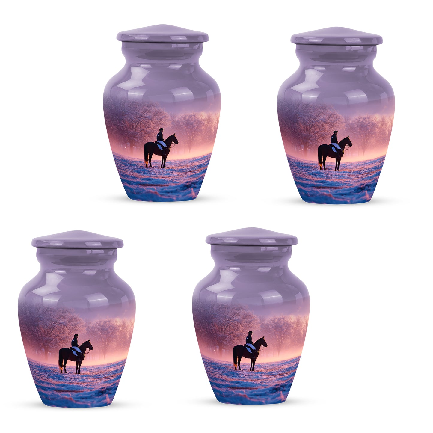 Orchid Purple Horse Polo Cremation Urn side profile showing urn shape - classic sculpted horse polo pattern on smooth aluminum - 10 inch aluminum urn for cremated remains
