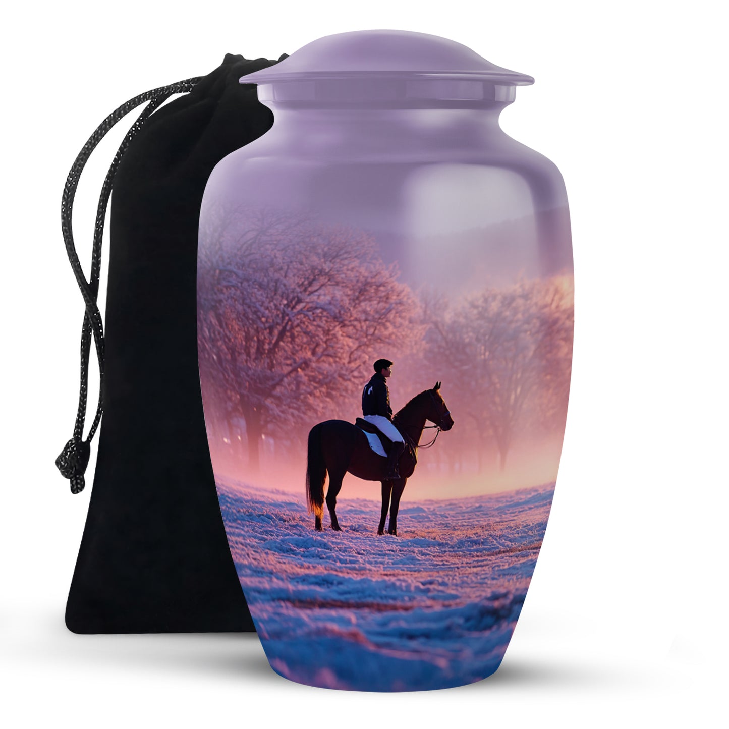 Twilight Purple Horse Polo Cremation Urn angled view of lid and engraved motif - elegant classic horse polo relief with fine detailing - full-size 10 inch 200 cubic inch adult cremation urn