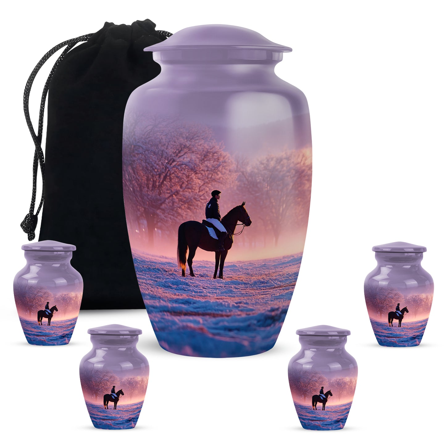 Violet Purple Horse Polo Cremation Urn top-down view of secure threaded lid - elegant classic horse polo relief with fine detailing - memorial set with one large and four small urns