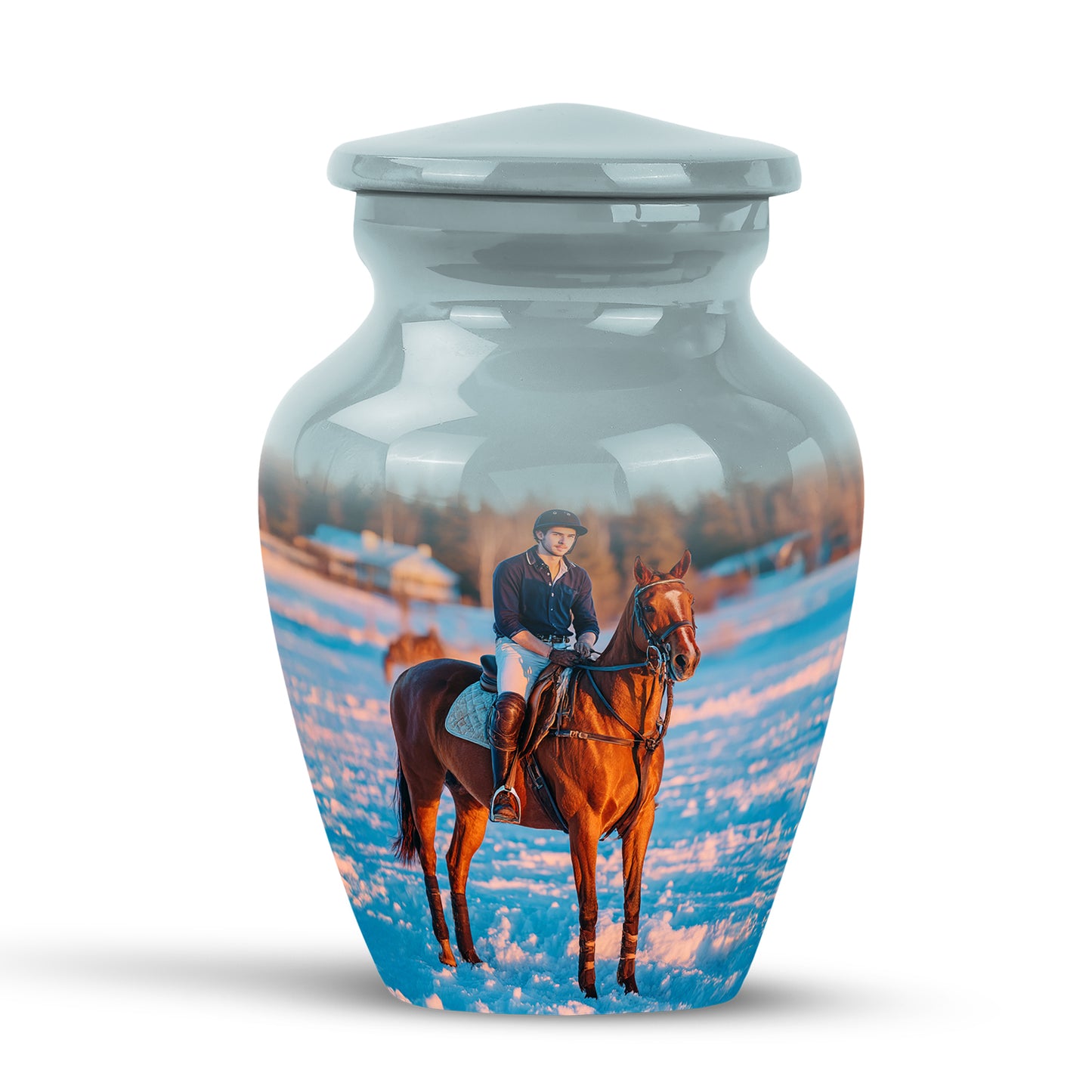 Personalized Silver Revered Horse Polo Cremation Urns for Human Ashes - 10-inch, 200 cu in - Yatskia
