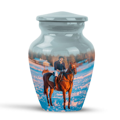 Personalized Silver Revered Horse Polo Cremation Urns for Human Ashes - 10-inch, 200 cu in - Yatskia