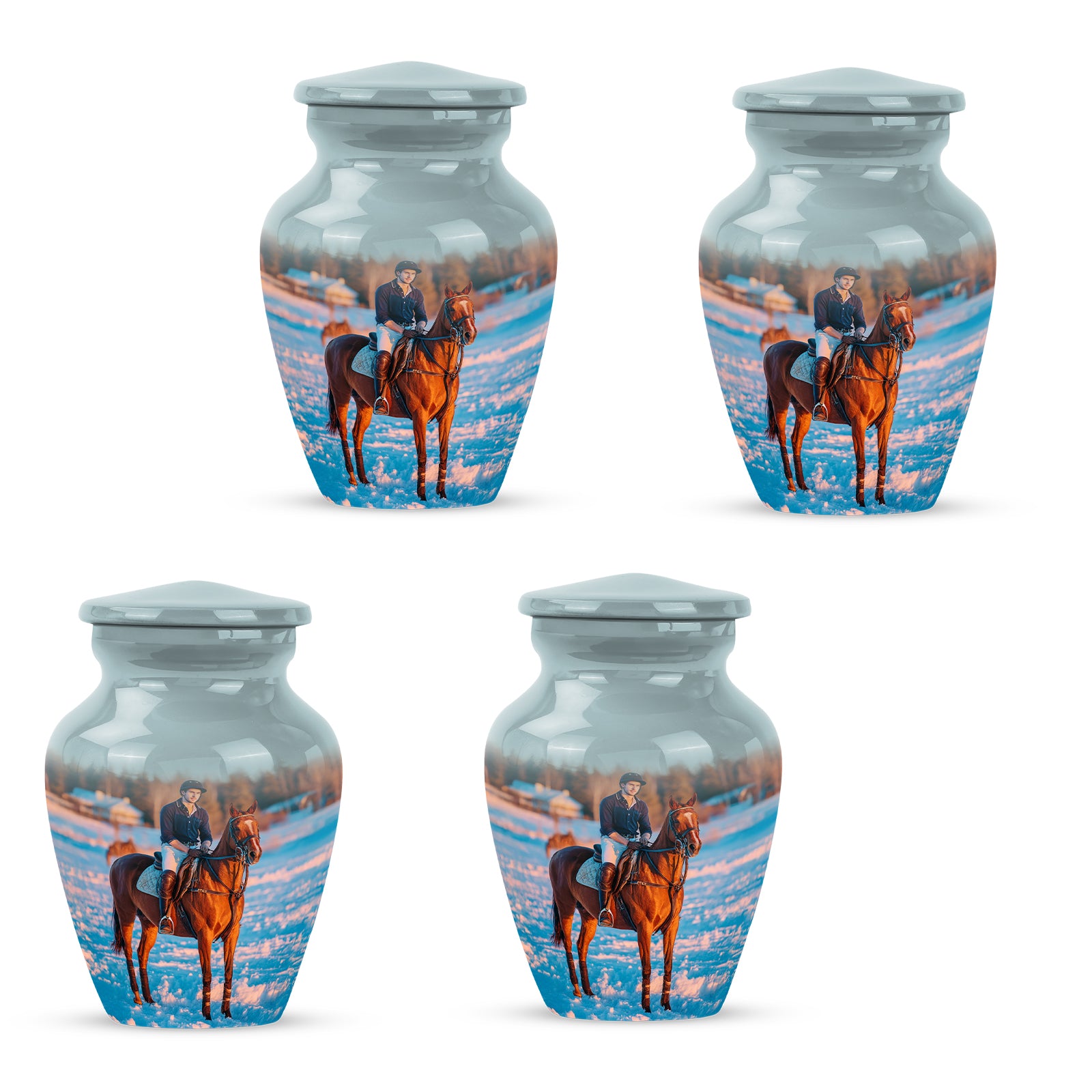 Gleaming Silver Horse Polo Cremation Urn side profile showing urn shape - classic sculpted horse polo pattern on smooth aluminum - 10 inch aluminum urn for cremated remains