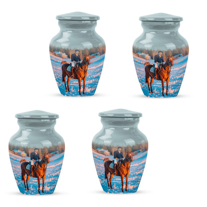 Gleaming Silver Horse Polo Cremation Urn side profile showing urn shape - classic sculpted horse polo pattern on smooth aluminum - 10 inch aluminum urn for cremated remains