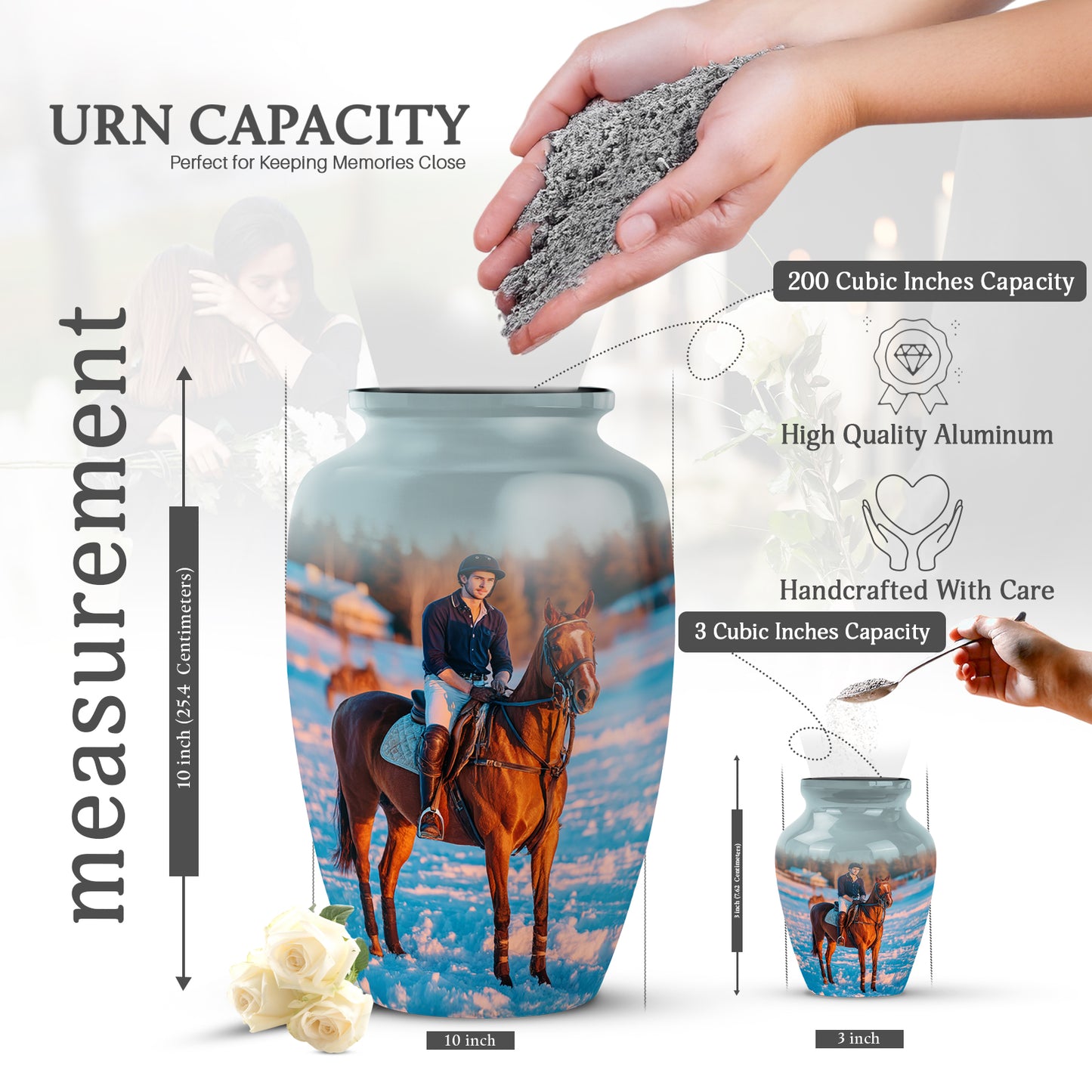 Polished Silver Horse Polo Cremation Urn close-up of engraving and surface detail - elegant classic horse polo relief with fine detailing - mini keepsake memorial for portion of cremation ashes