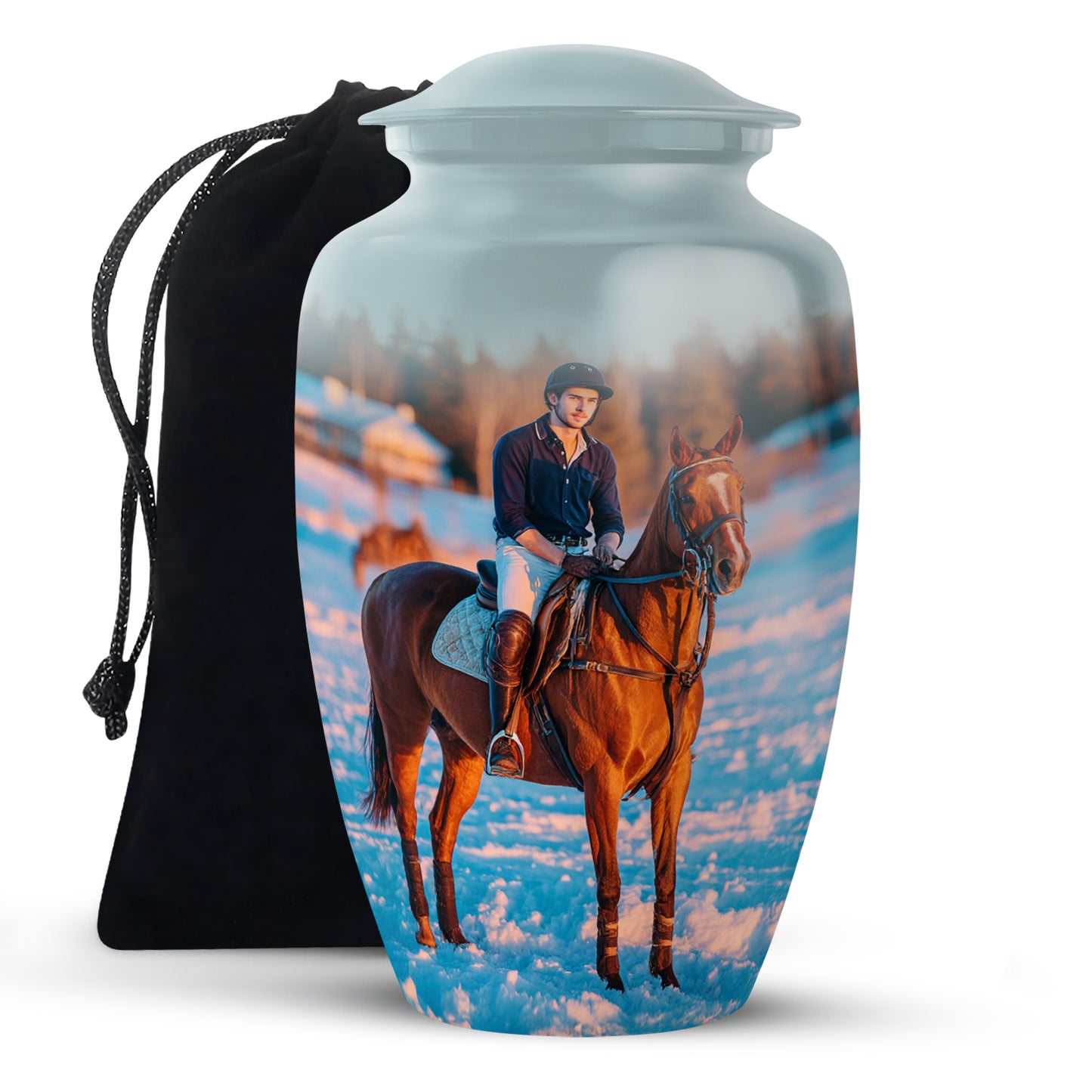 Platinum Silver Horse Polo Cremation Urn angled view of lid and engraved motif - timeless horse polo motif etched into premium metal - full-size 10 inch 200 cubic inch adult cremation urn