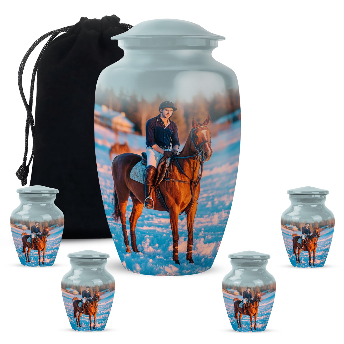 Frosted Silver Horse Polo Cremation Urn top-down view of secure threaded lid - elegant classic horse polo relief with fine detailing - memorial set with one large and four small urns