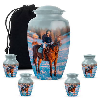 Frosted Silver Horse Polo Cremation Urn top-down view of secure threaded lid - elegant classic horse polo relief with fine detailing - memorial set with one large and four small urns