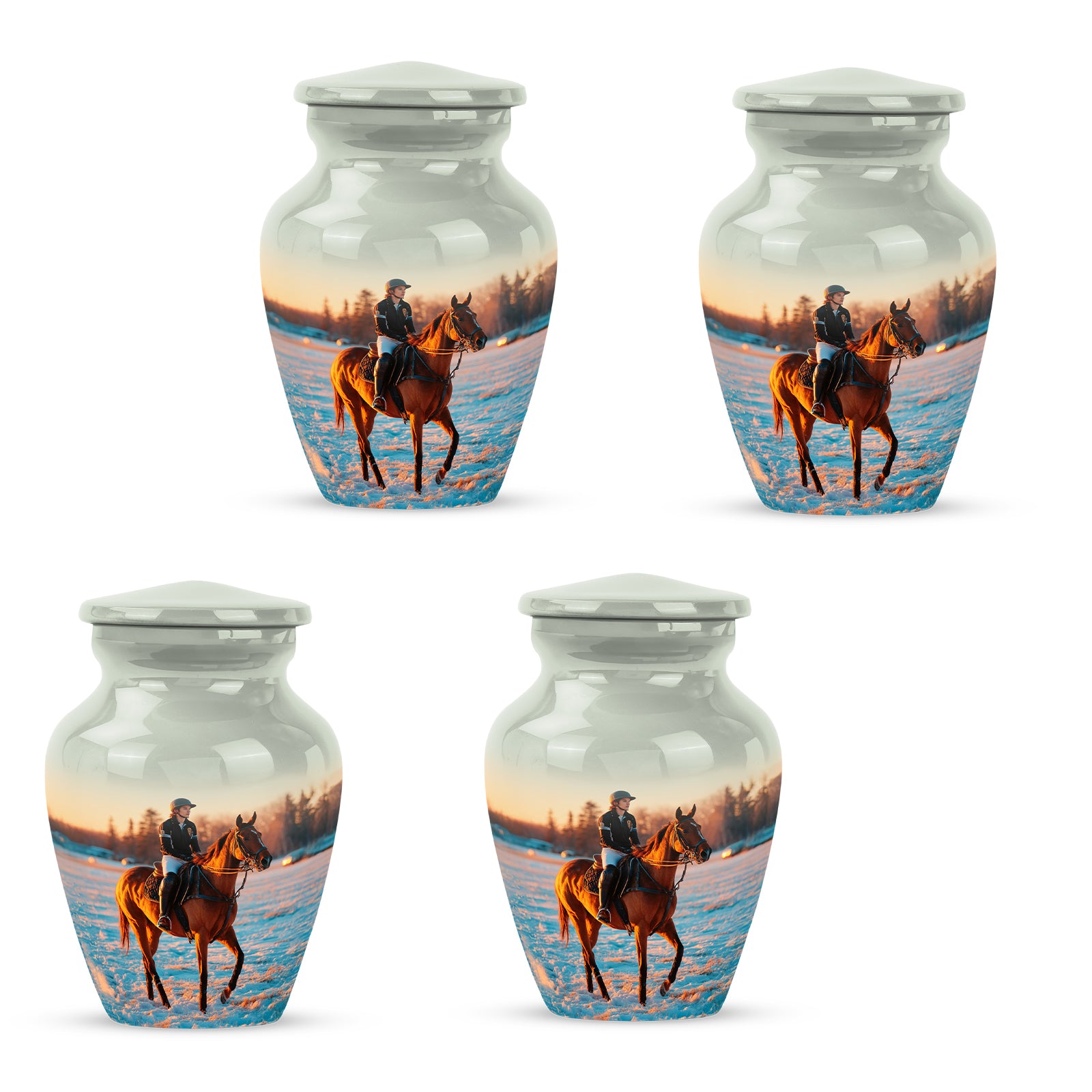 Platinum Silver Horse Polo Cremation Urn side profile showing urn shape - timeless horse polo motif etched into premium metal - 10 inch aluminum urn for cremated remains