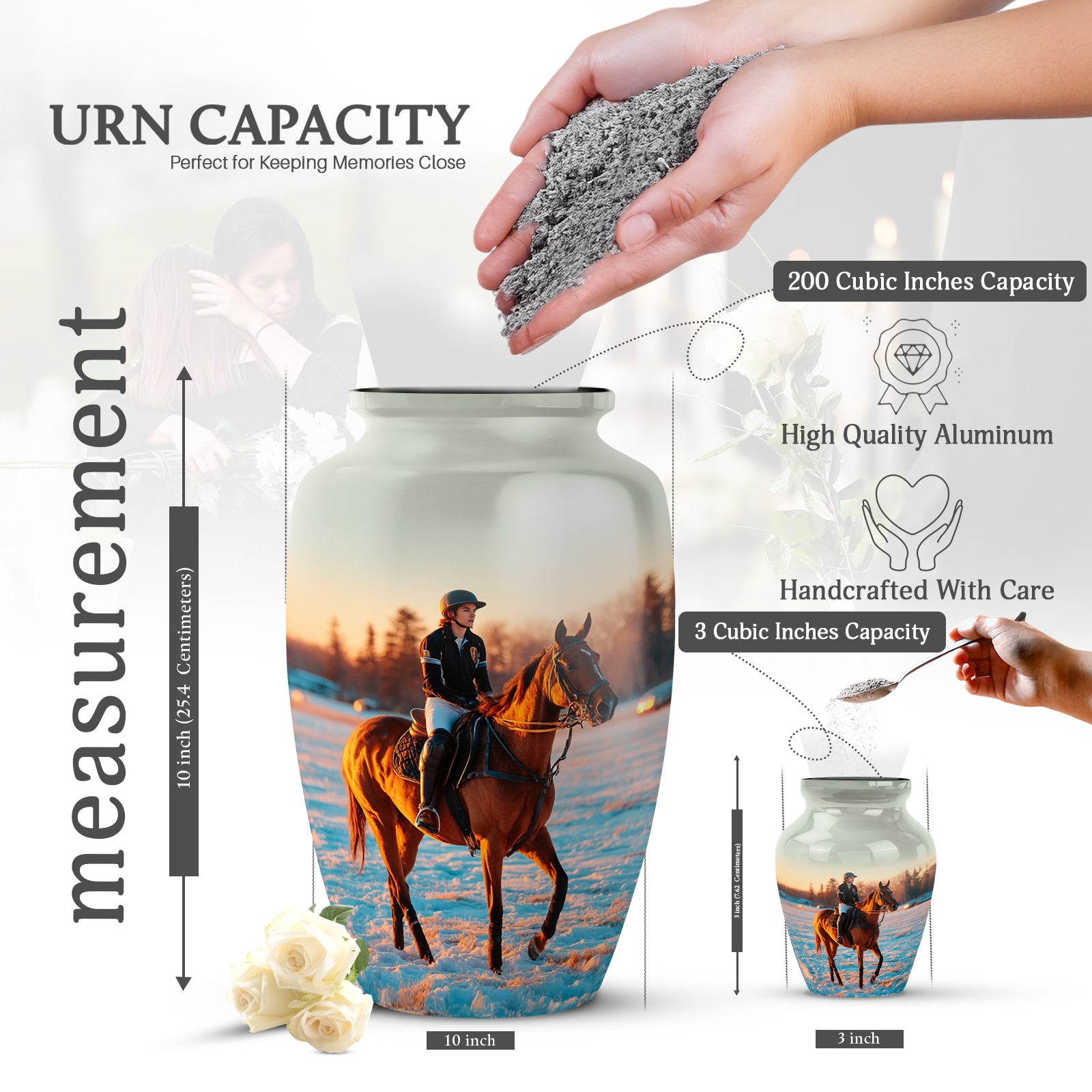 Platinum Silver Horse Polo Cremation Urn close-up of engraving and surface detail - timeless horse polo motif etched into premium metal - mini keepsake memorial for portion of cremation ashes