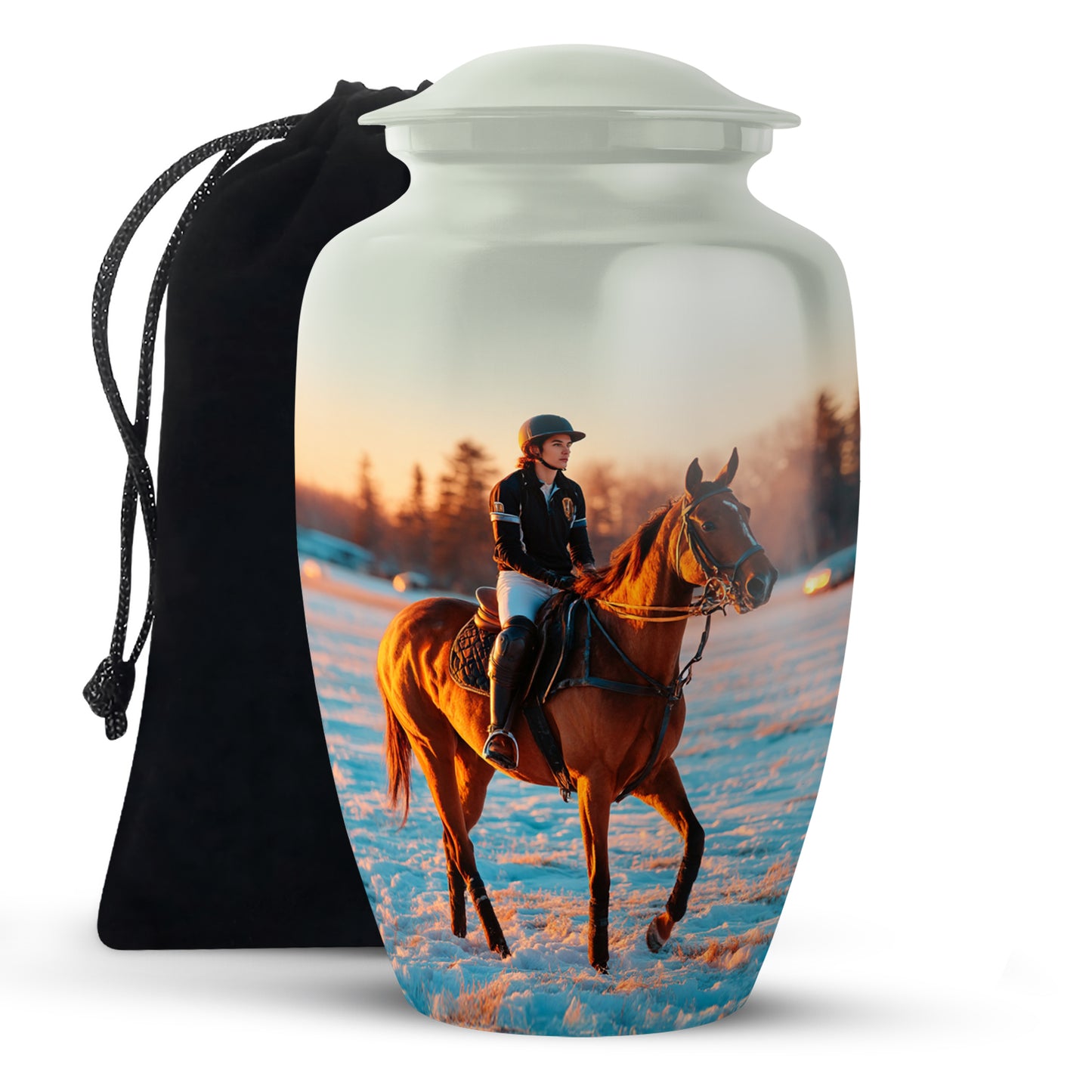 Gleaming Silver Horse Polo Cremation Urn angled view of lid and engraved motif - timeless horse polo motif etched into premium metal - full-size 10 inch 200 cubic inch adult cremation urn