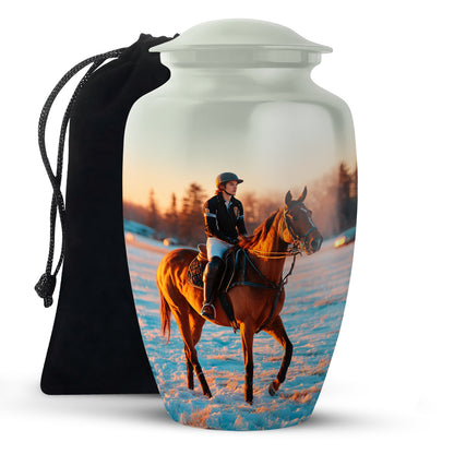 Gleaming Silver Horse Polo Cremation Urn angled view of lid and engraved motif - timeless horse polo motif etched into premium metal - full-size 10 inch 200 cubic inch adult cremation urn