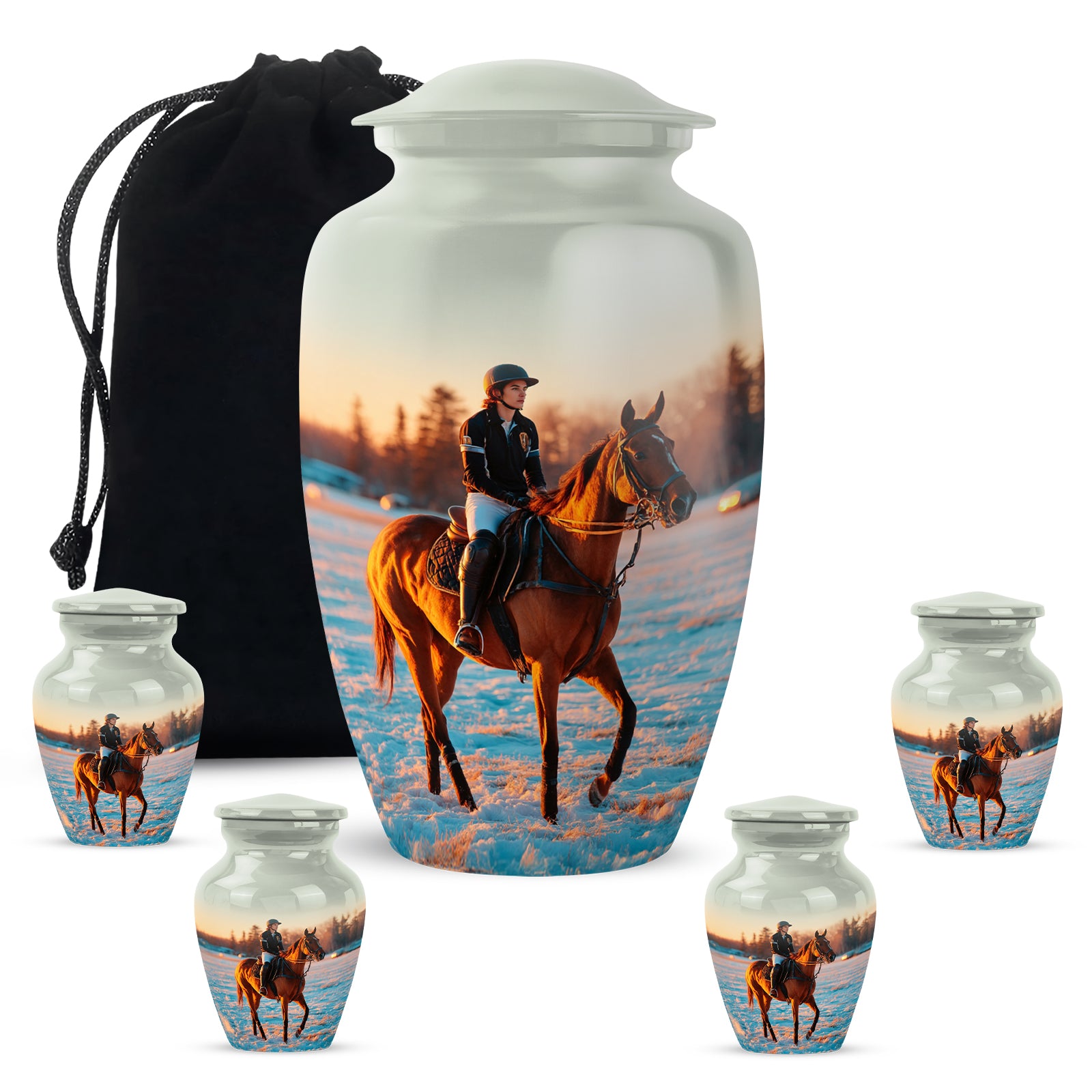 Moonlight Silver Horse Polo Cremation Urn top-down view of secure threaded lid - elegant classic horse polo relief with fine detailing - memorial set with one large and four small urns